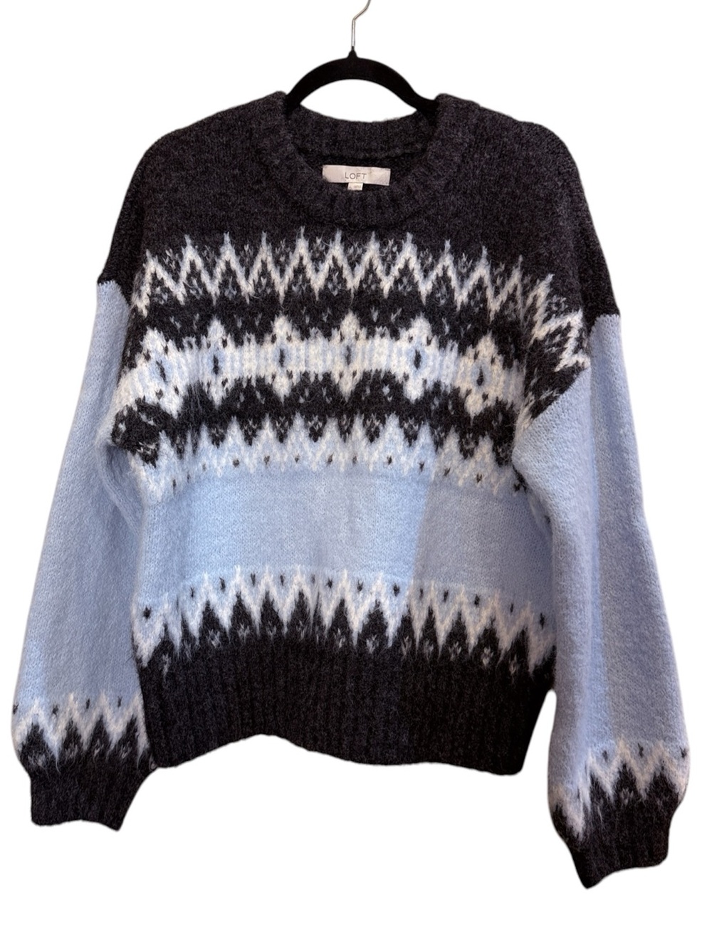 LOFT Women’s Blue & Gray Fair Isle Classic Crewneck Sweater sz L
